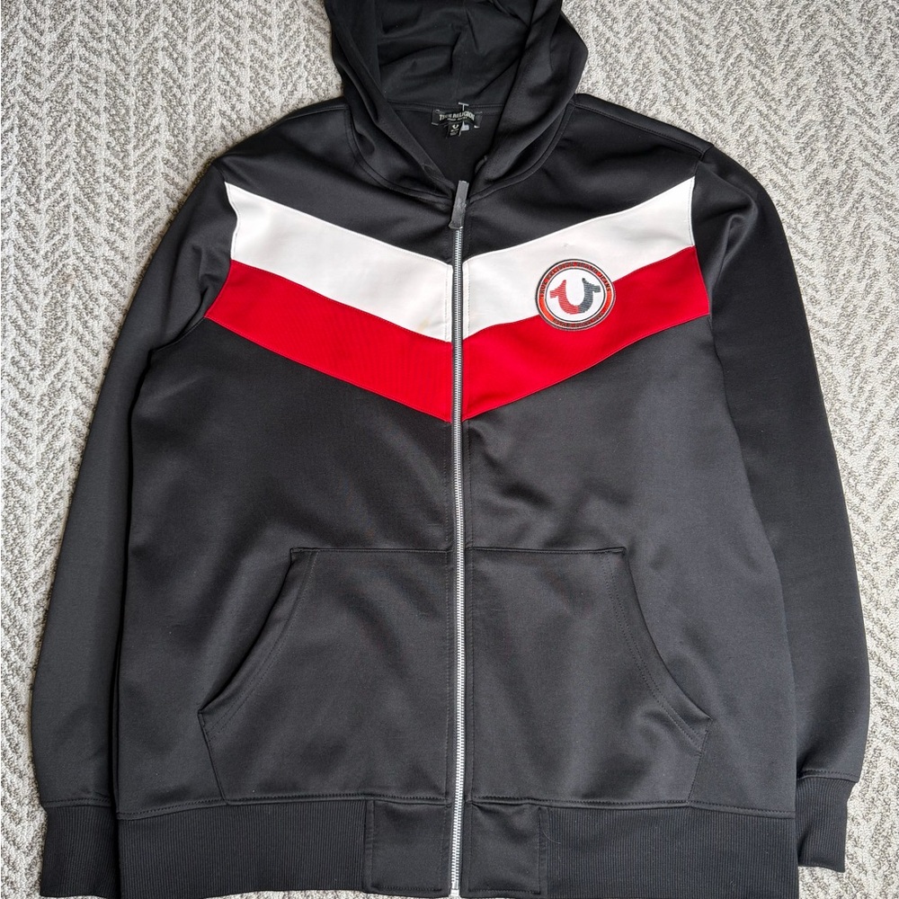 True Religion Mens XL Full Zip Sweatshirt/Jacket Black/Red Logo Patch